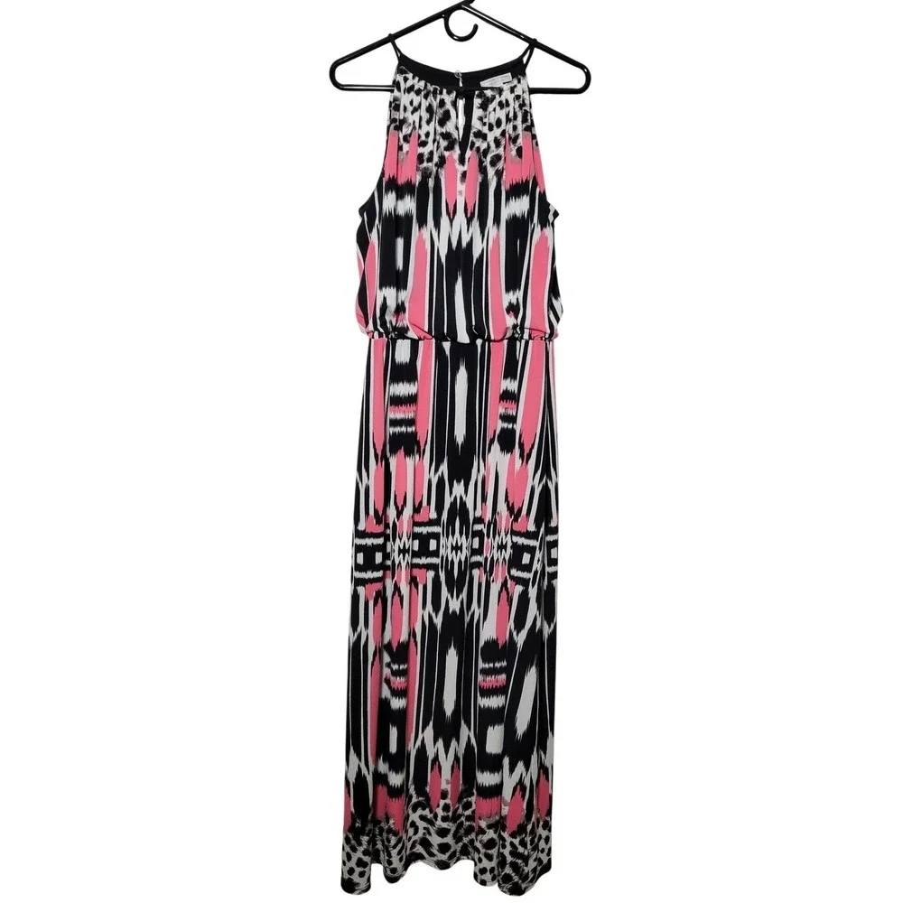 London Style Collection Women Maxi Dress 14‎ Black Pink White Geometric Halter